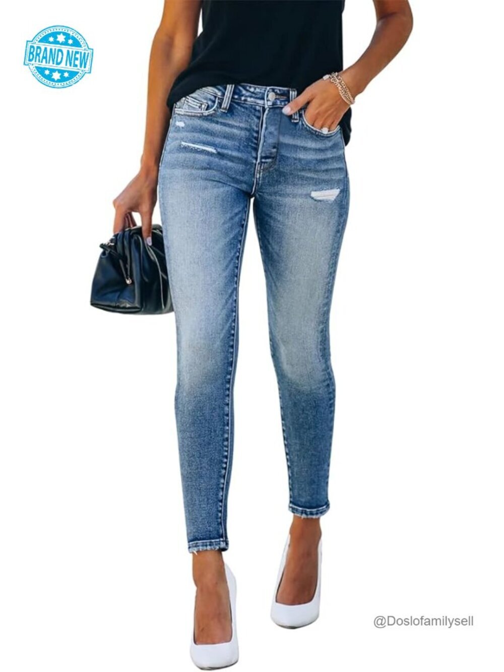 Ripped Skinny Jeans Distressed Stretchy Denim Pants Mid Rise